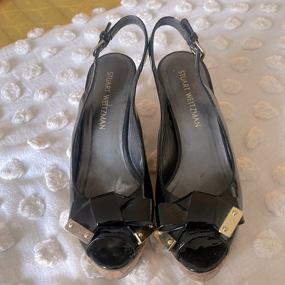 Stuart Weitzman sling back cork platform wedge sandals size 9 / Black